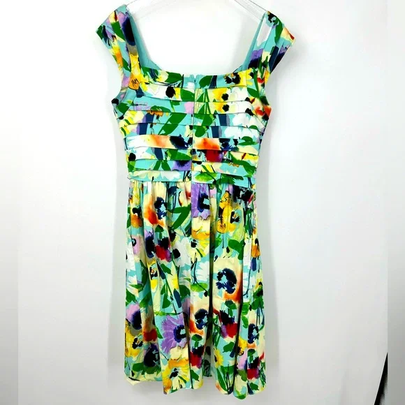 Adrianna Papell Colorful Floral Dress Womens 4 Sleeveless Teal Blue Yellow - Picture 7 of 8